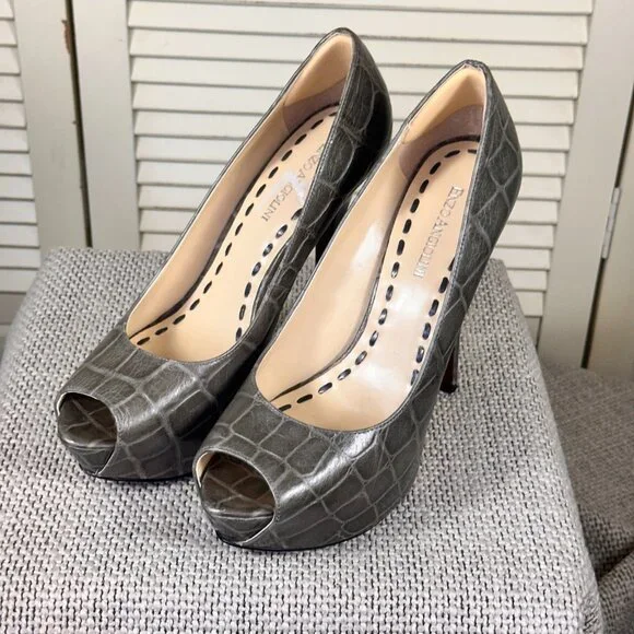 Enzo Angiolini Women's Tanen Grey Leather Peep Croc Stiletto Heel Pumps Size 8 M - Picture 3 of 11
